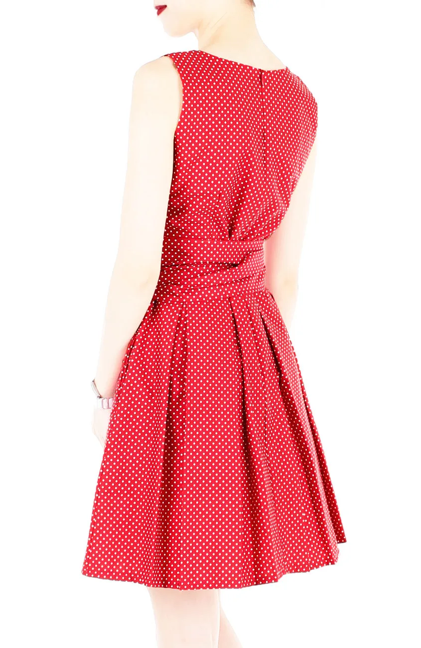 Snowflake Spots Flare Dress with Wide Belt - Cherry Red