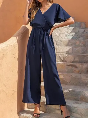 Solid Color Tie-waist Wide-leg Casual Jumpsuit