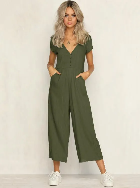 Solid Color V Neck Short Sleeve Wide Leg Pants Jumpsuit