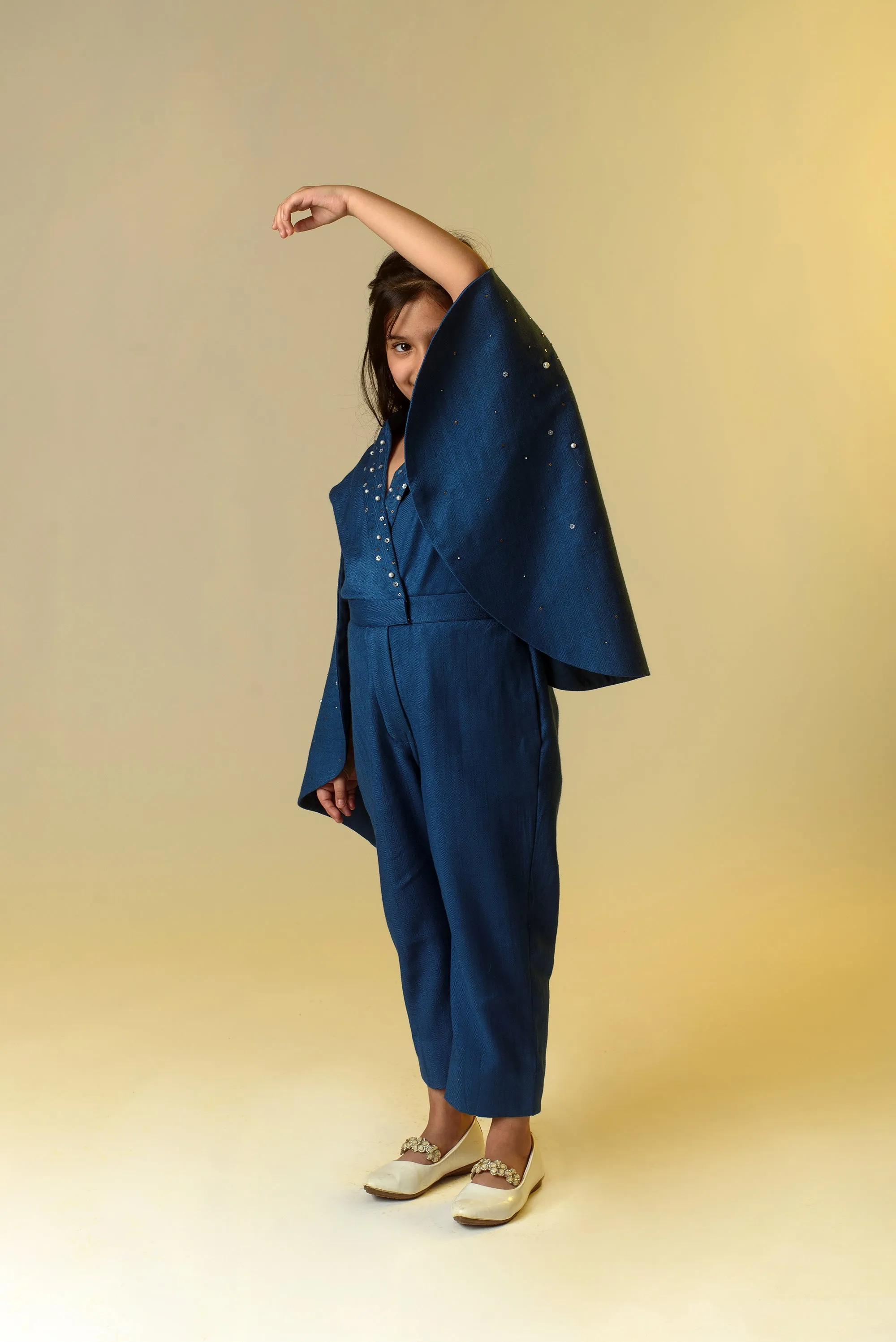 Sparking Flutter- Sapphire Blue Organic Wool Herringbone Jumpsuit For Girls