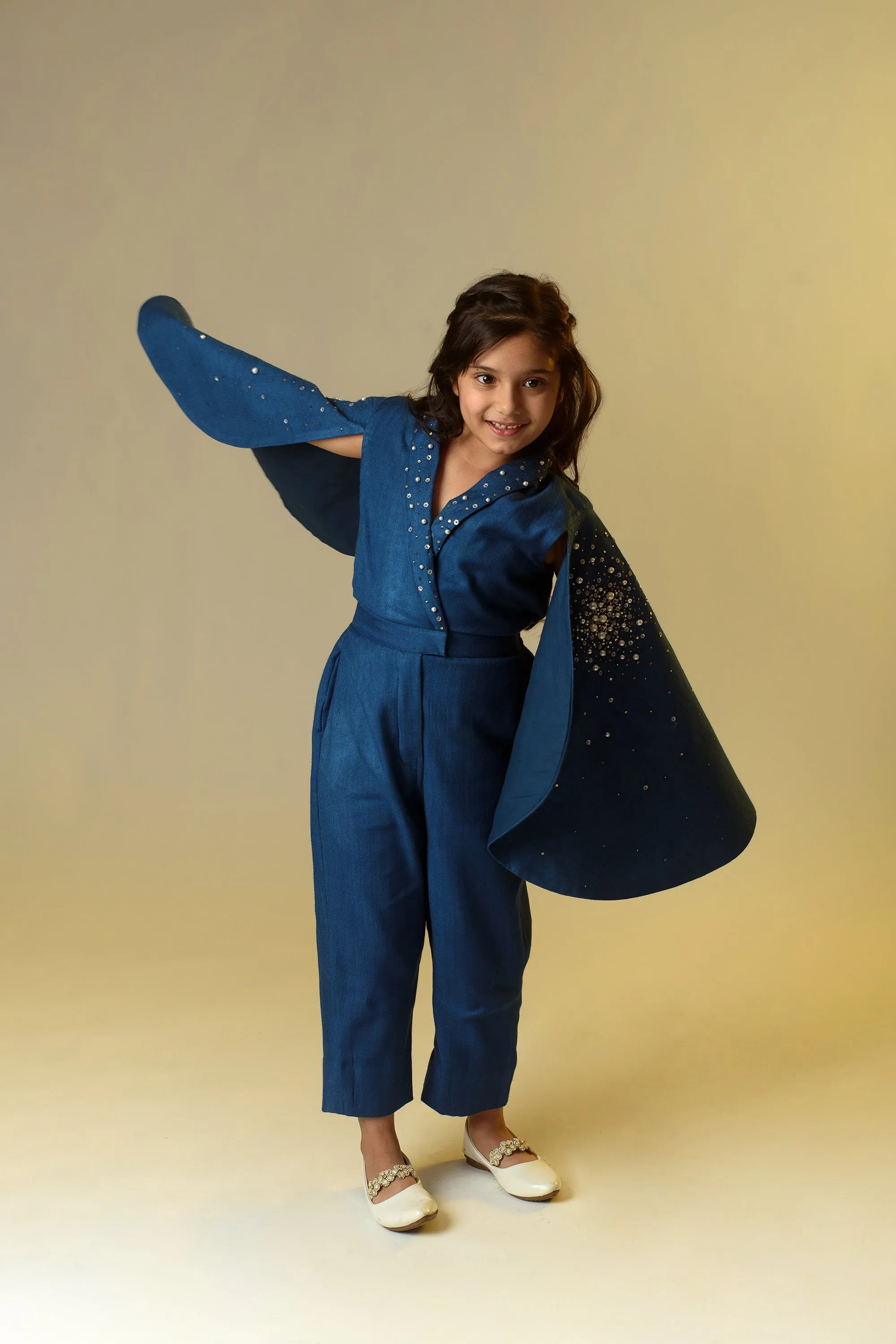 Sparking Flutter- Sapphire Blue Organic Wool Herringbone Jumpsuit For Girls