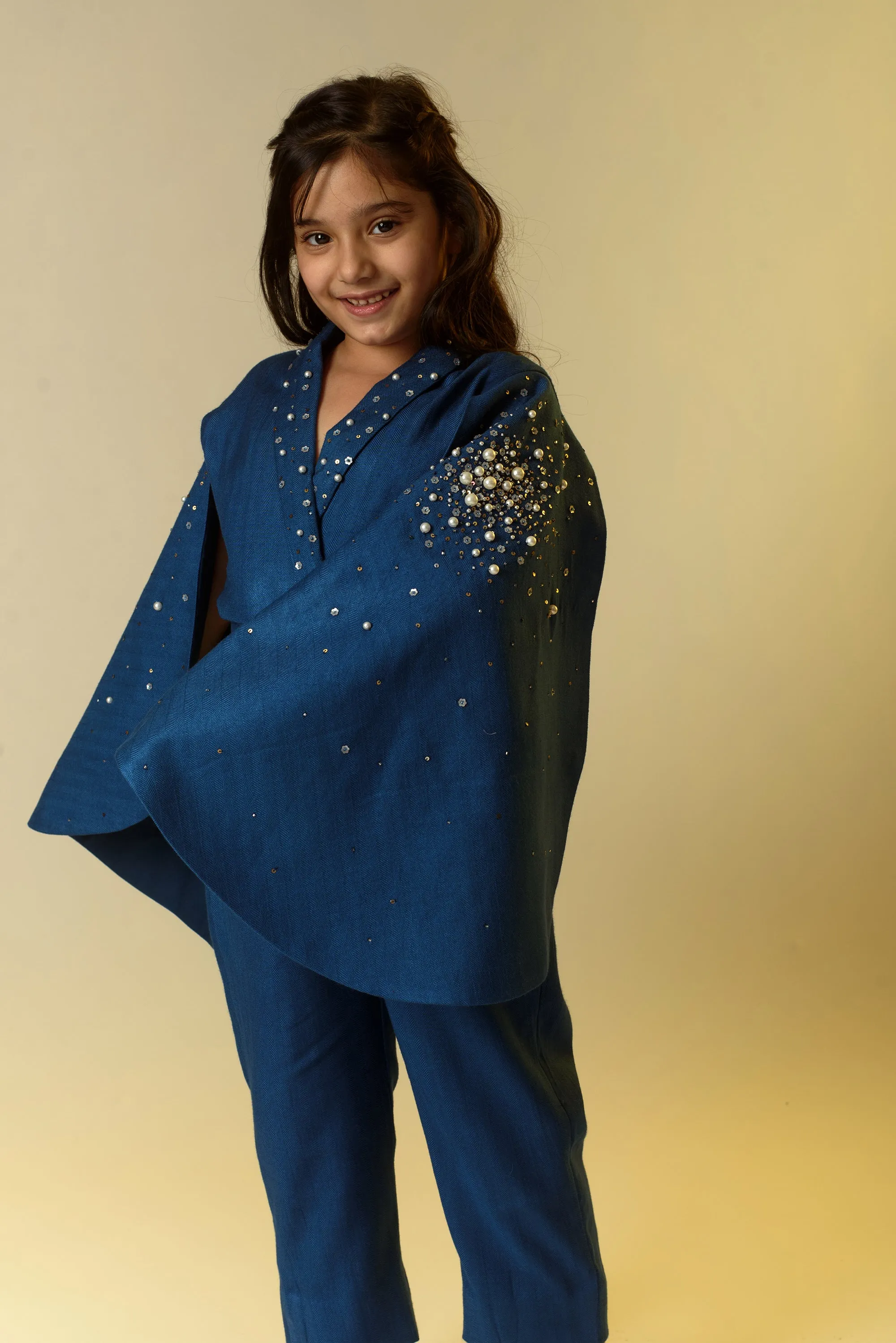 Sparking Flutter- Sapphire Blue Organic Wool Herringbone Jumpsuit For Girls