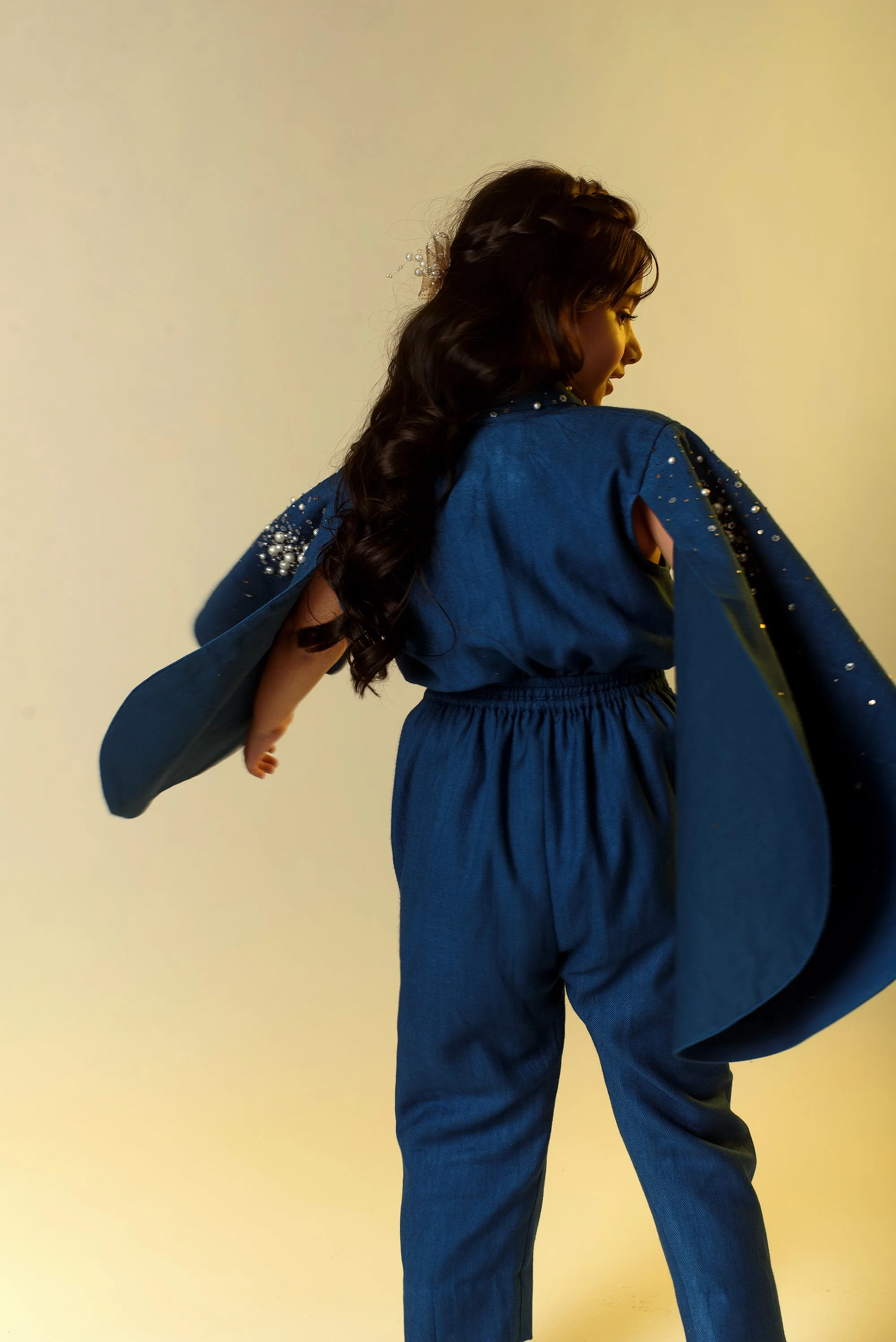 Sparking Flutter- Sapphire Blue Organic Wool Herringbone Jumpsuit For Girls