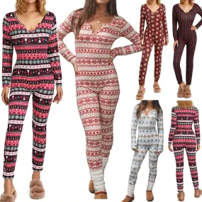 Toleet-Women's Christmas Pajamas Romper Long Sleeve Zip Up Jumpsuit Button Bodycon Bodysuit Snowflake Plaid Print Loungewear