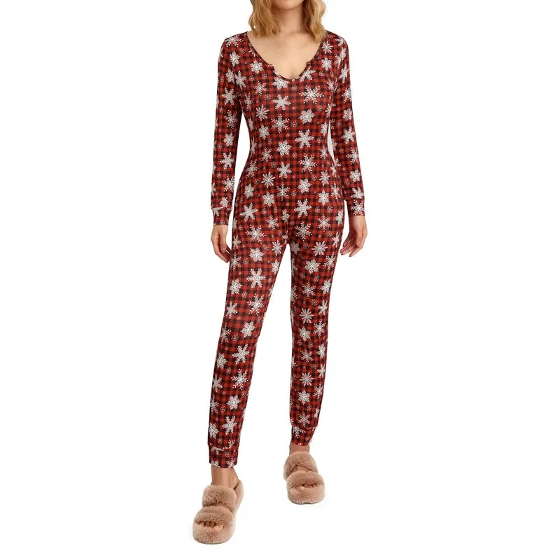 Toleet-Women's Christmas Pajamas Romper Long Sleeve Zip Up Jumpsuit Button Bodycon Bodysuit Snowflake Plaid Print Loungewear