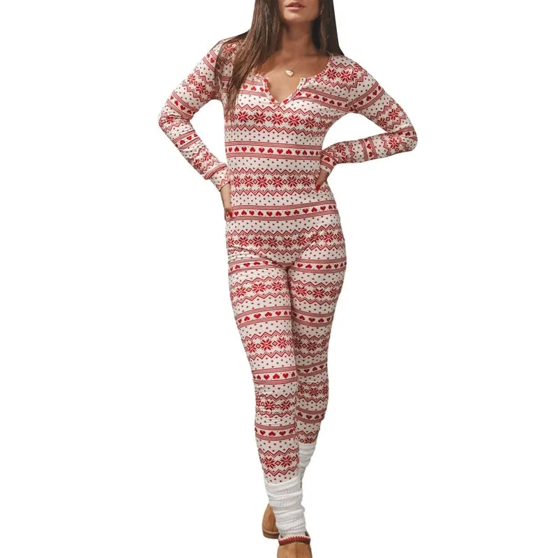 Toleet-Women's Christmas Pajamas Romper Long Sleeve Zip Up Jumpsuit Button Bodycon Bodysuit Snowflake Plaid Print Loungewear