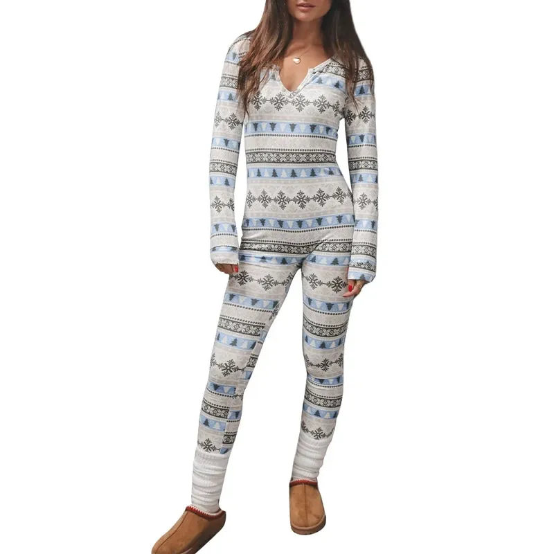 Toleet-Women's Christmas Pajamas Romper Long Sleeve Zip Up Jumpsuit Button Bodycon Bodysuit Snowflake Plaid Print Loungewear