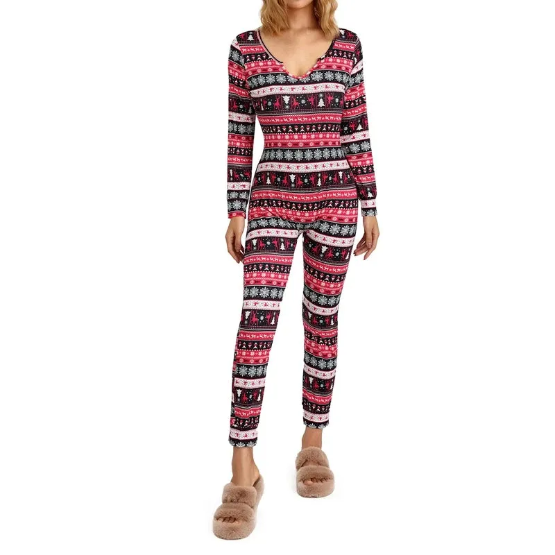 Toleet-Women's Christmas Pajamas Romper Long Sleeve Zip Up Jumpsuit Button Bodycon Bodysuit Snowflake Plaid Print Loungewear