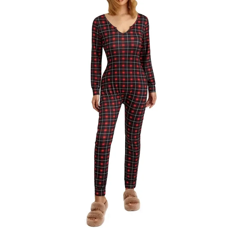 Toleet-Women's Christmas Pajamas Romper Long Sleeve Zip Up Jumpsuit Button Bodycon Bodysuit Snowflake Plaid Print Loungewear