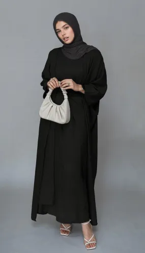 Trinia linen natural fabric 3 piece set with inner slip dress, apron and open front abaya in black