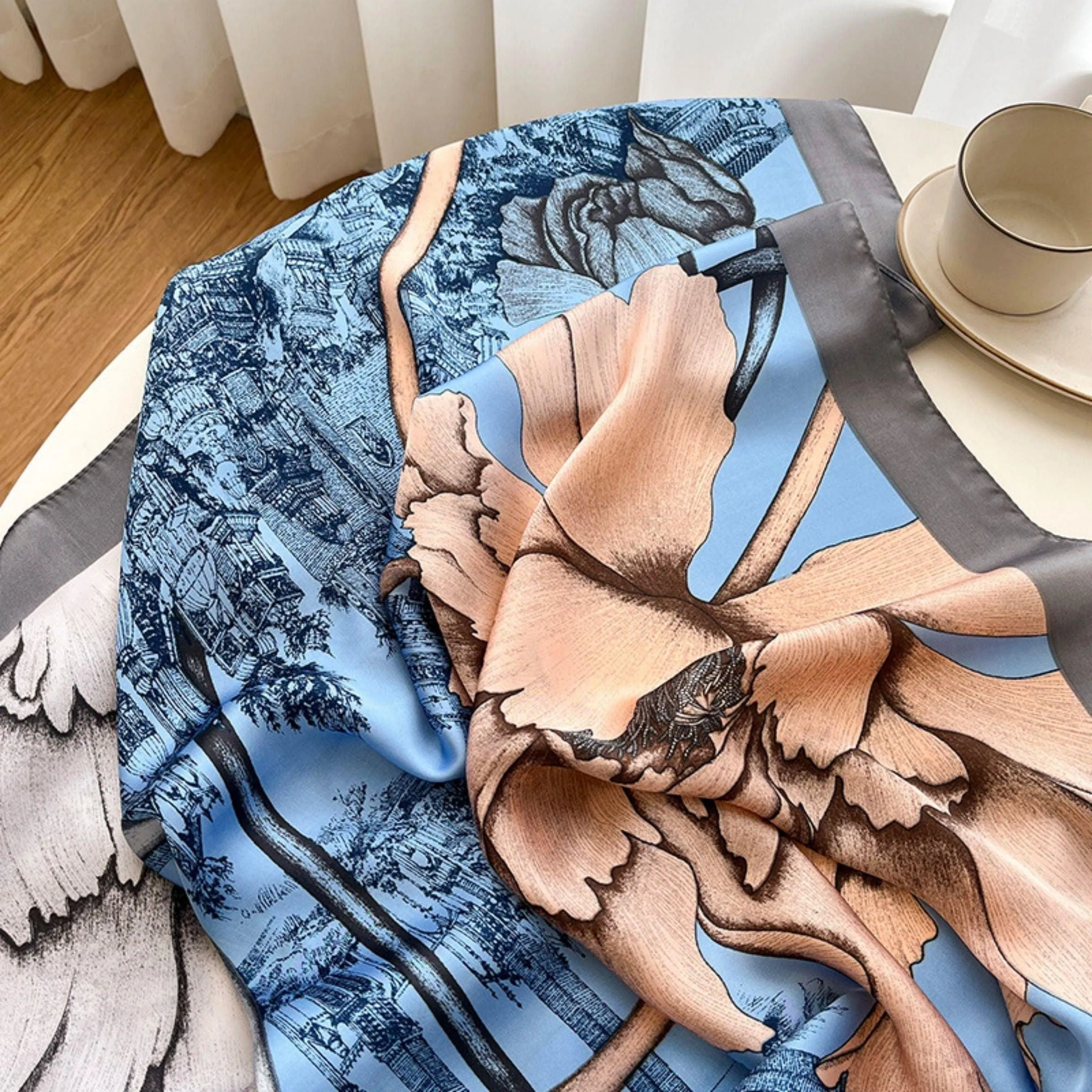 Turkish Blue Flora Chic Large Satin Scarf | 90x90cm Bandana | Twill Satin Shawl | Perfect Gift for Her, Mother's Day