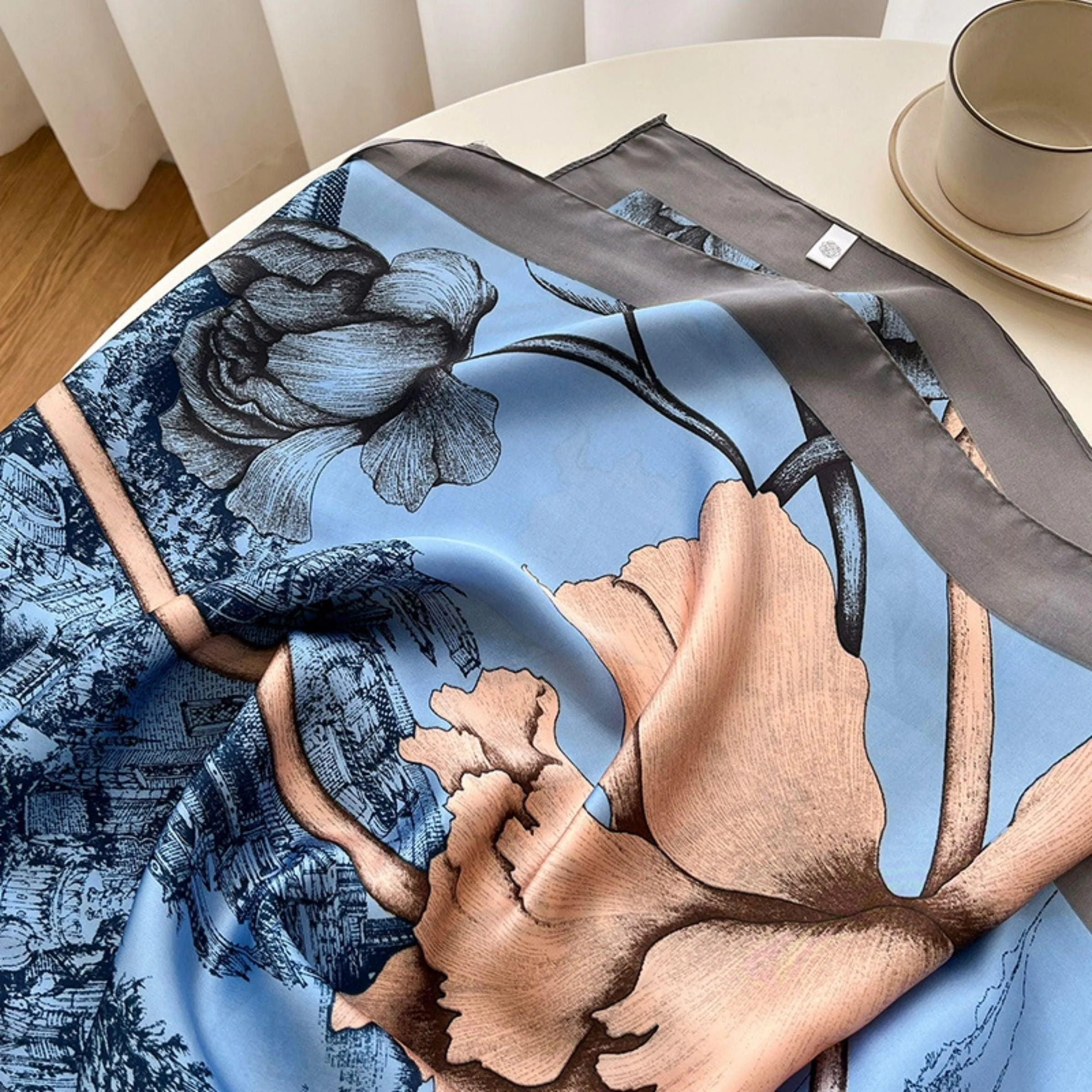 Turkish Blue Flora Chic Large Satin Scarf | 90x90cm Bandana | Twill Satin Shawl | Perfect Gift for Her, Mother's Day