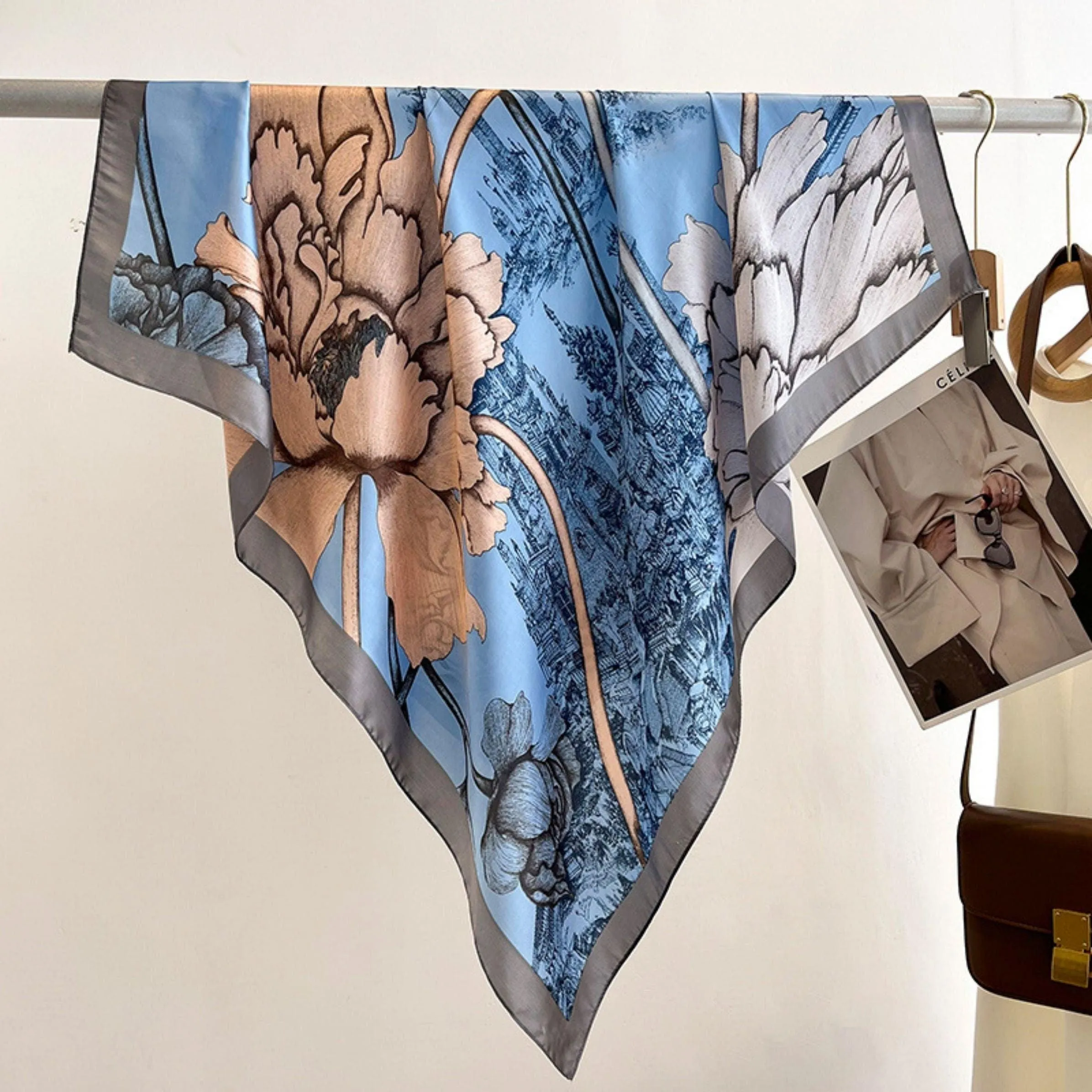 Turkish Blue Flora Chic Large Satin Scarf | 90x90cm Bandana | Twill Satin Shawl | Perfect Gift for Her, Mother's Day