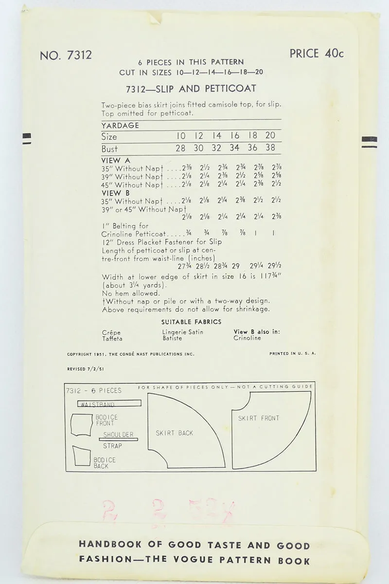 Uncut 1953 Vintage Vogue 7312 Lingerie Pattern for Slip & Petticoat