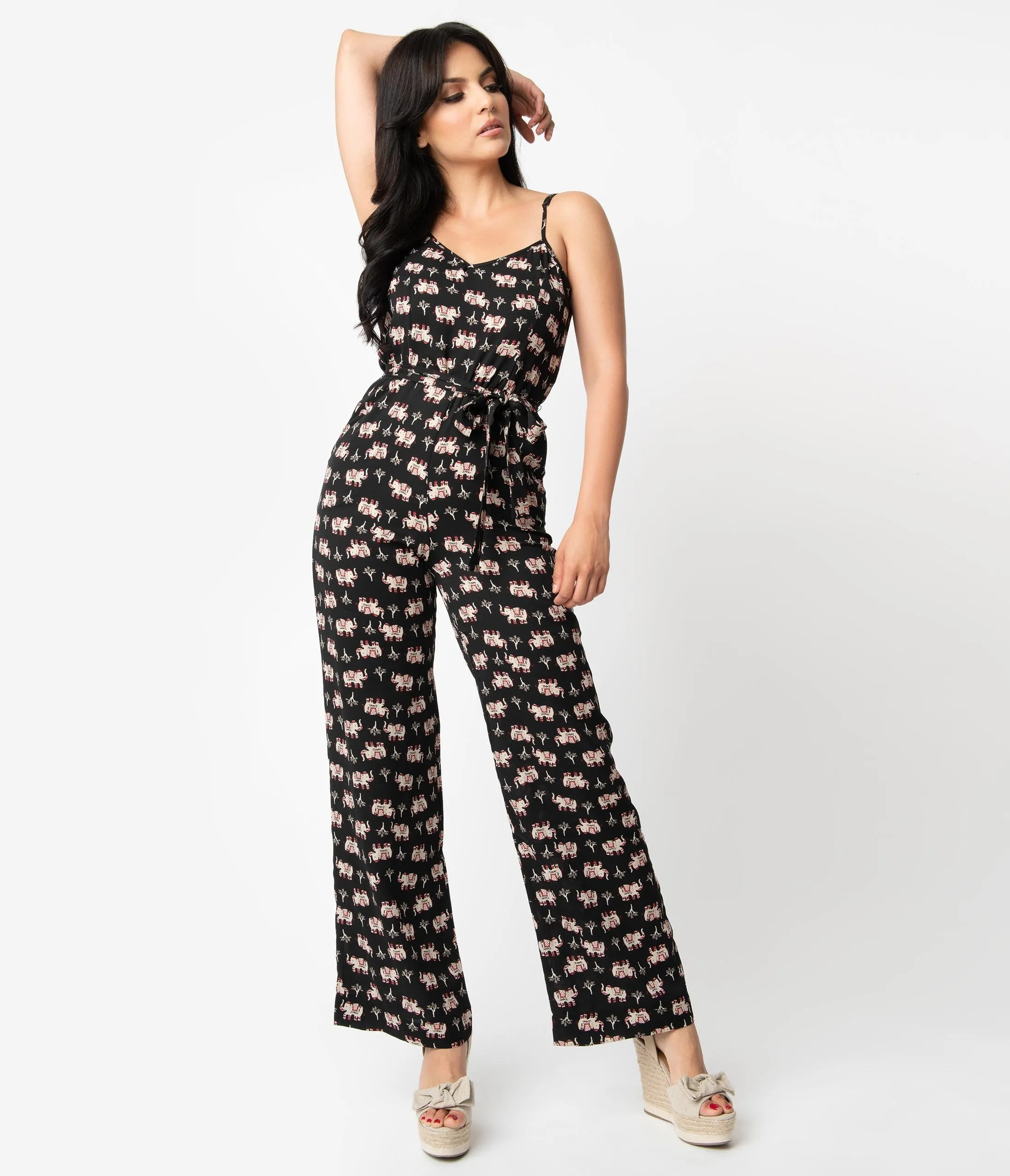 Unique Vintage Black Elephant Print Crepe Raleigh Jumpsuit