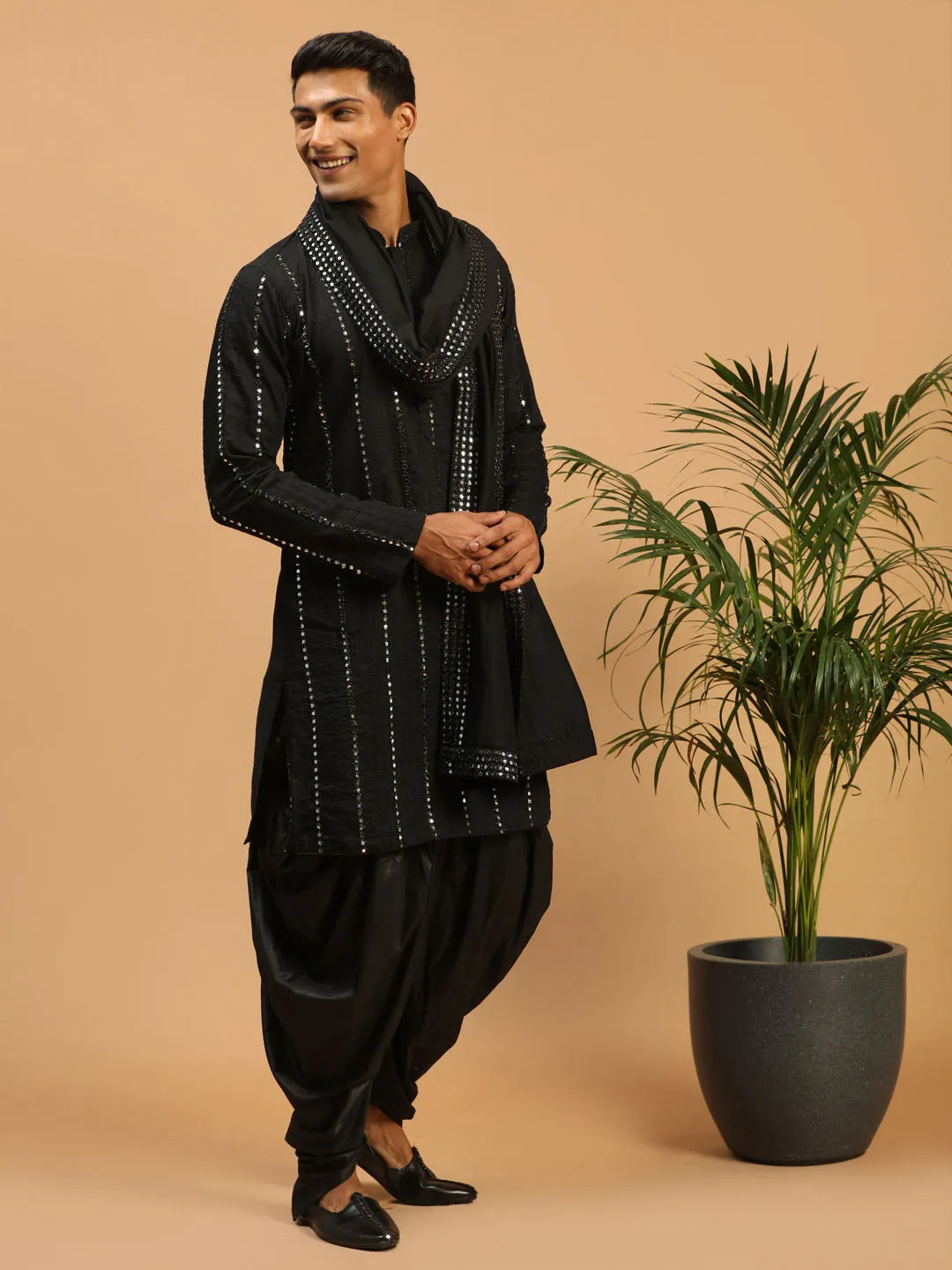 Vastramay Black Mirror Work Kurta Dhoti Set