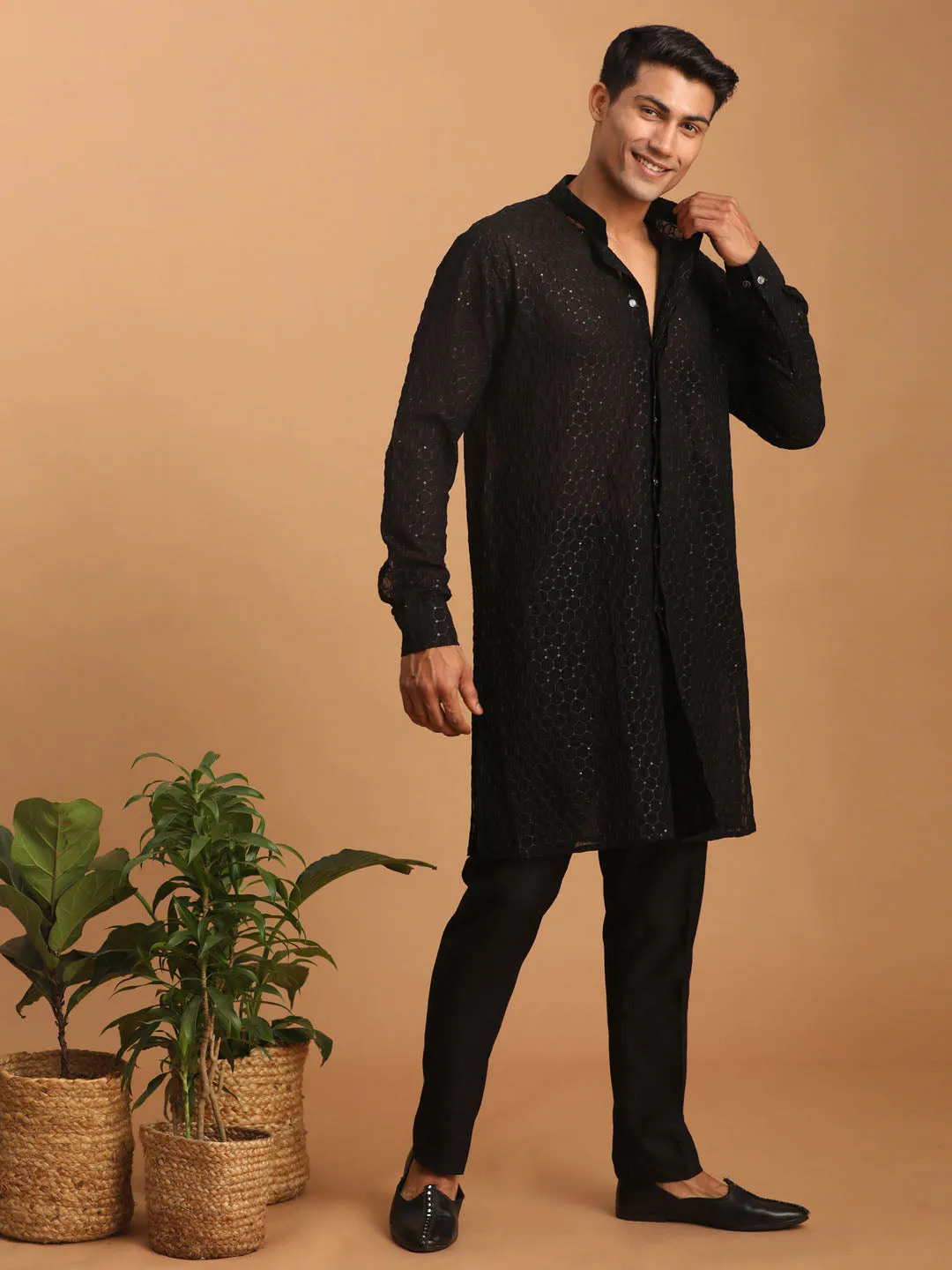 VASTRAMAY Black Sequined Georgette Kurta With Pant