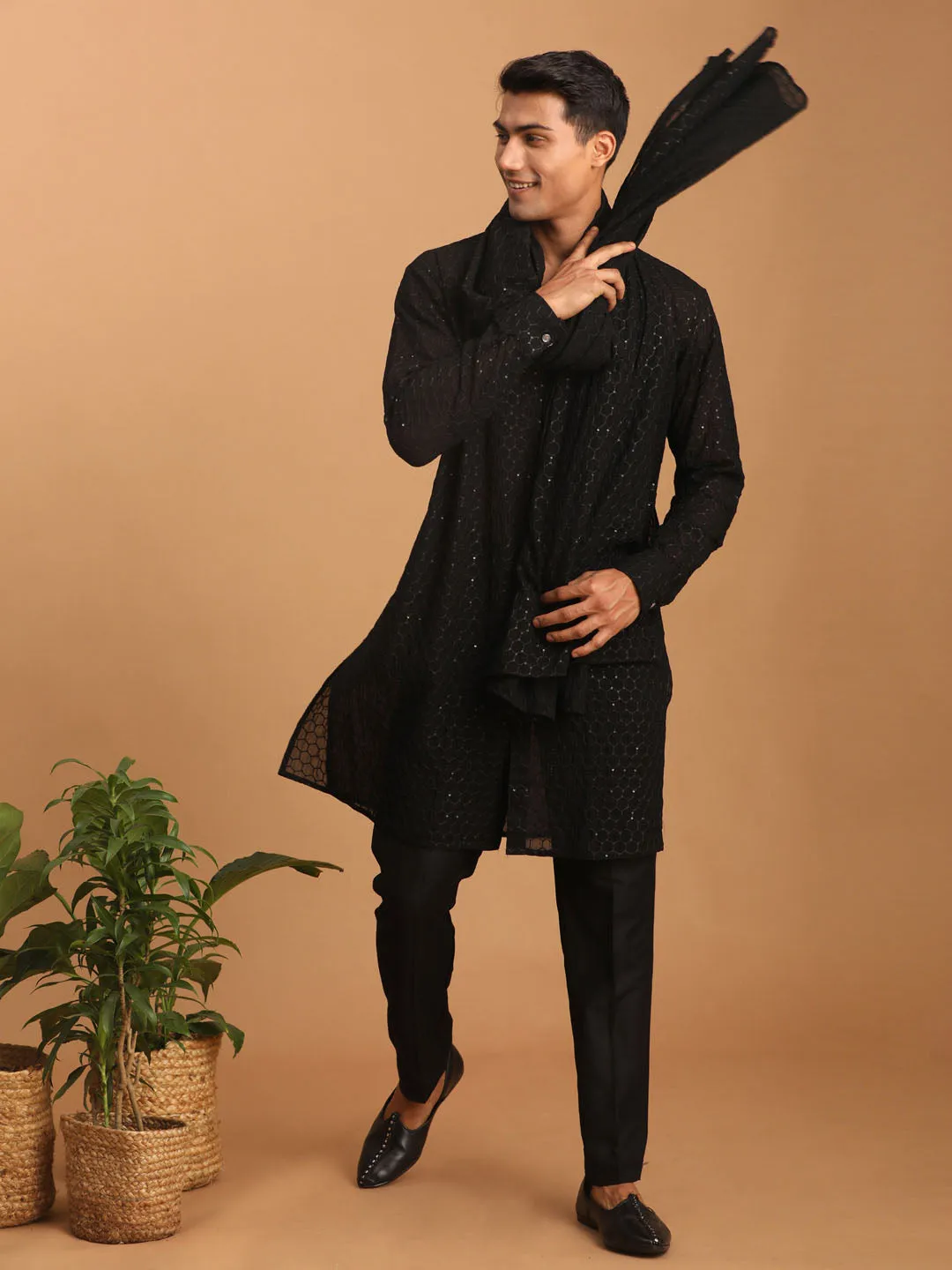 VASTRAMAY Black Sequined Kurta Set