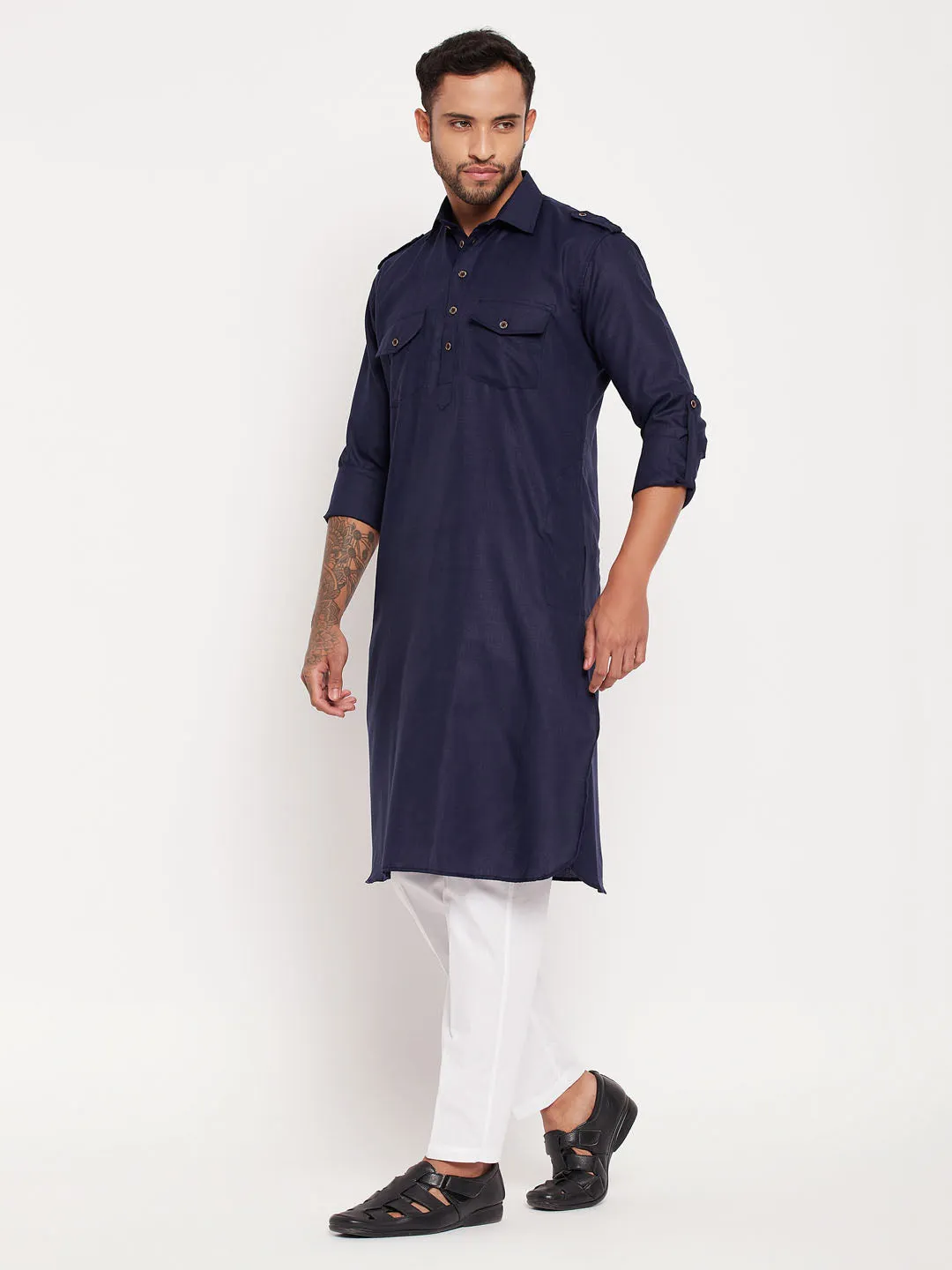 VASTRAMAY Blue Pathani Suit With White Pant