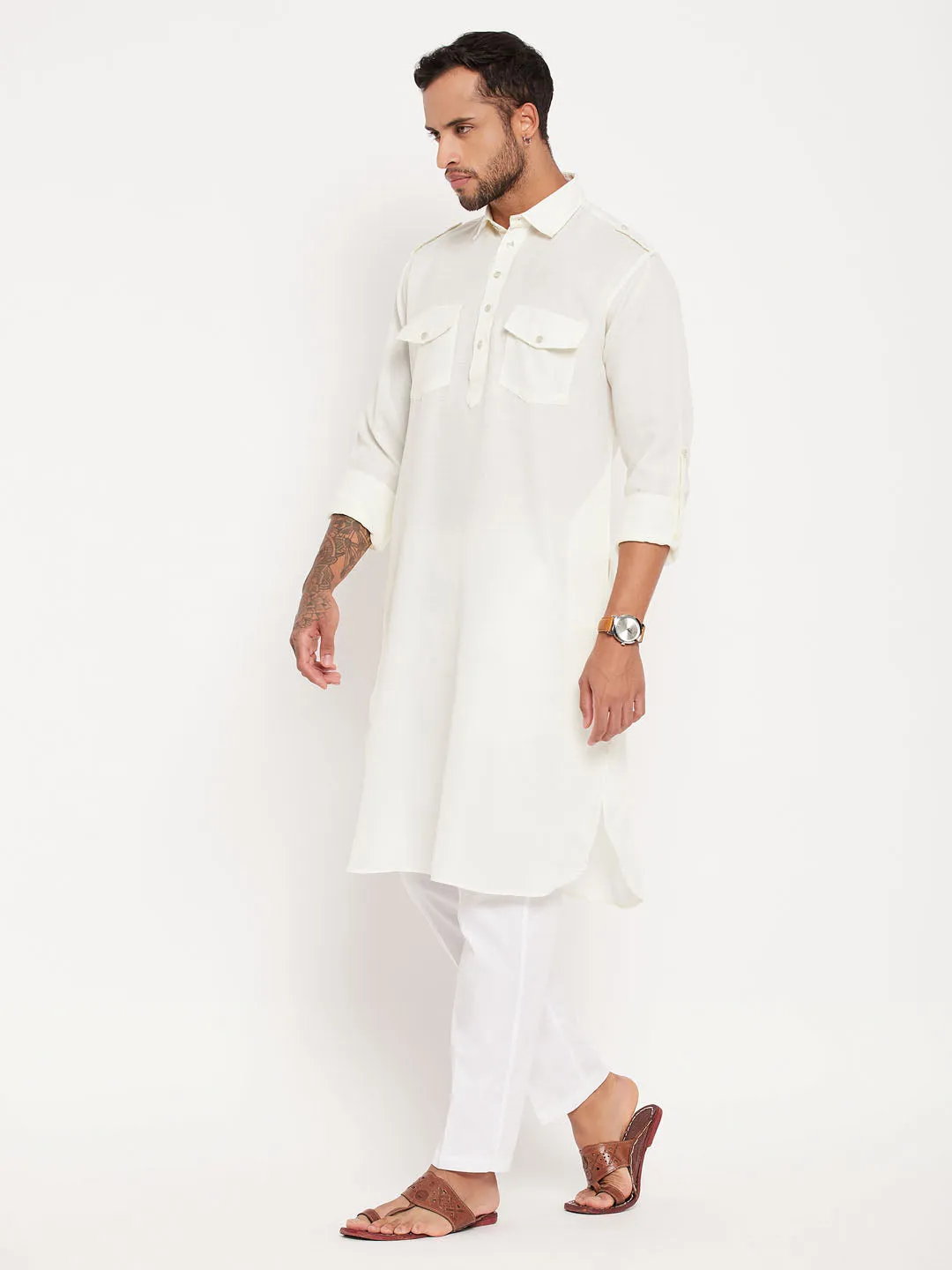 VASTRAMAY Cream Pathani Suit With White Pant