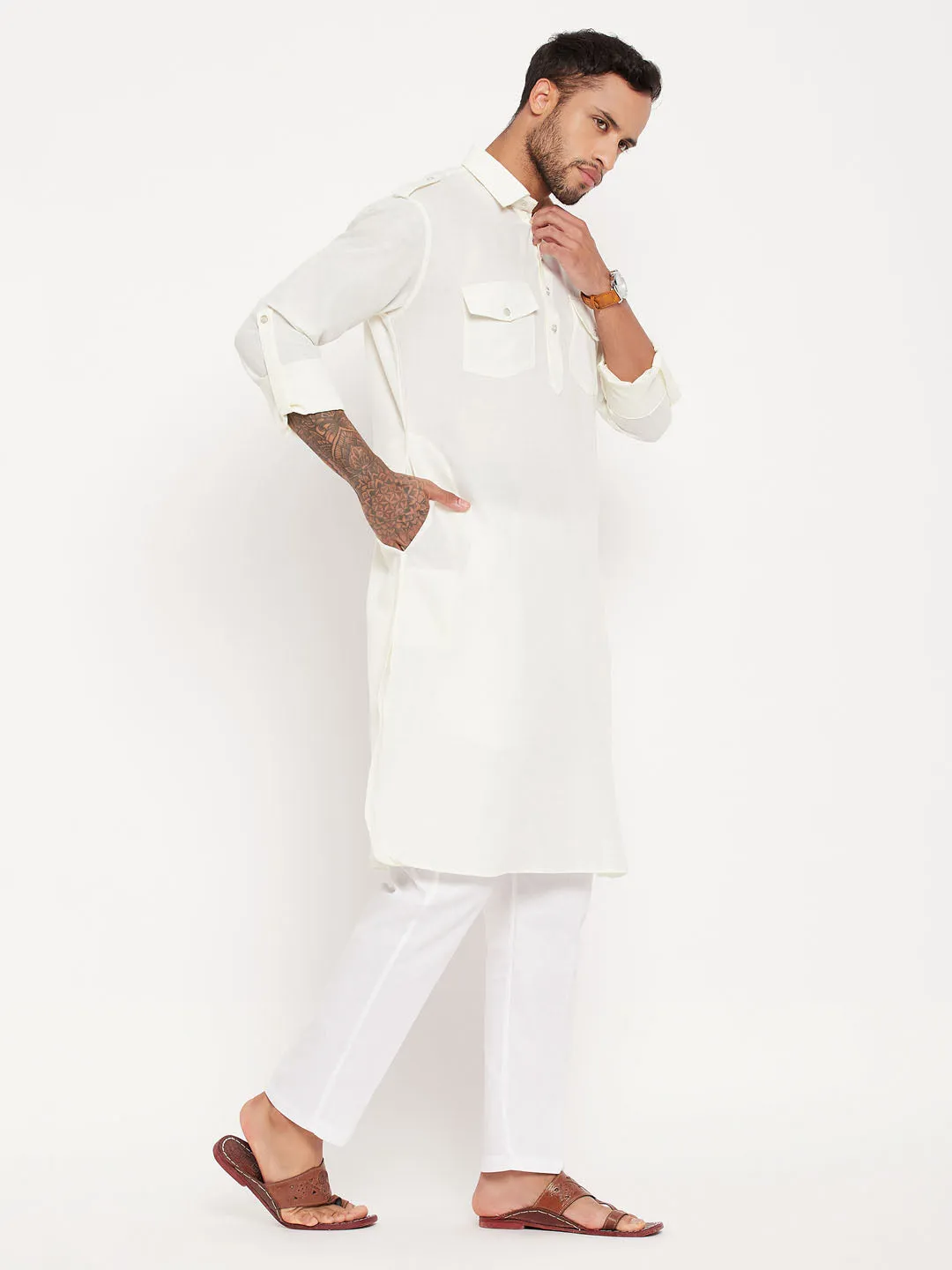 VASTRAMAY Cream Pathani Suit With White Pant