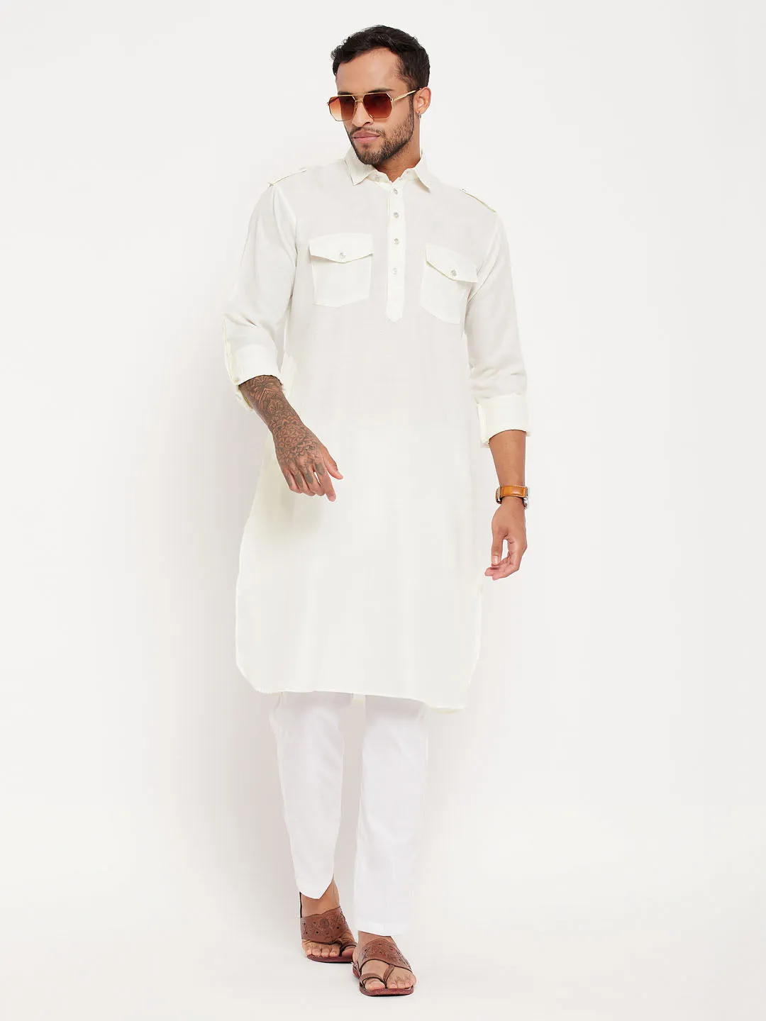 VASTRAMAY Cream Pathani Suit With White Pant