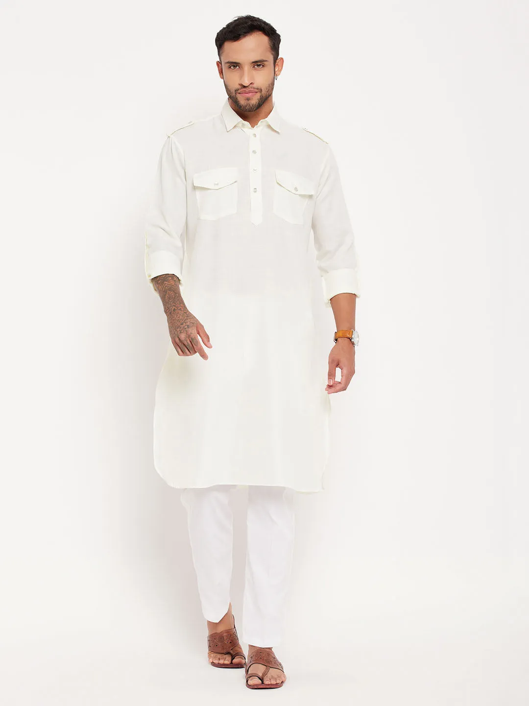 VASTRAMAY Cream Pathani Suit With White Pant