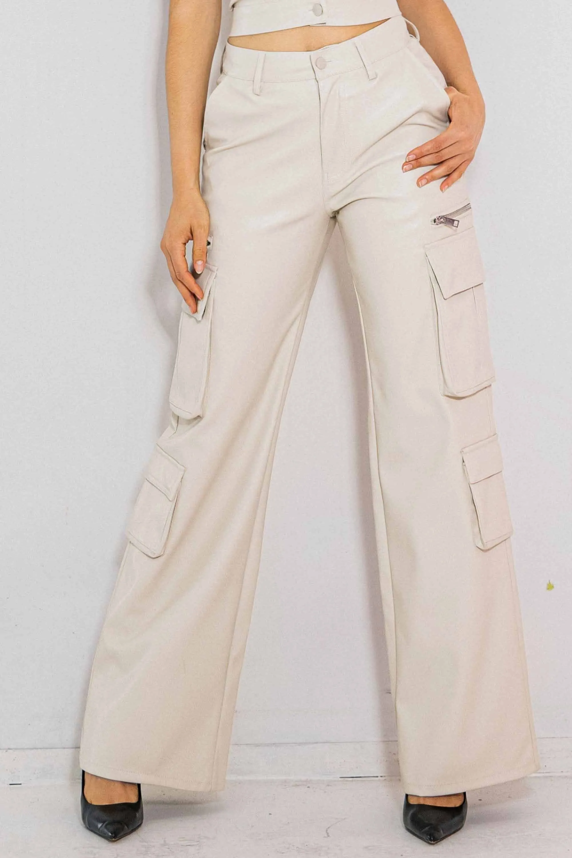 Vegan Leather Cargo Wide Leg Pants