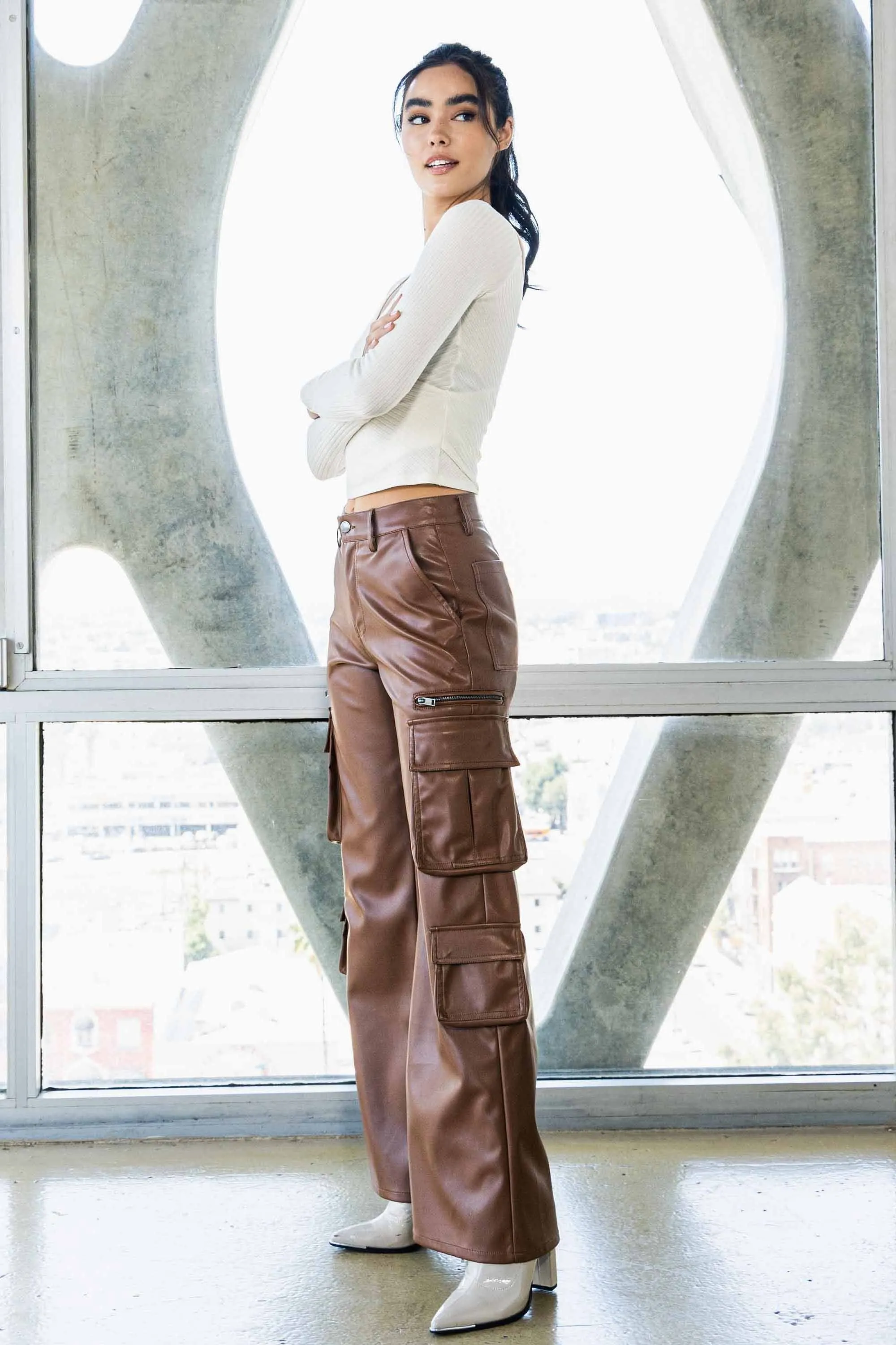 Vegan Leather Cargo Wide Leg Pants