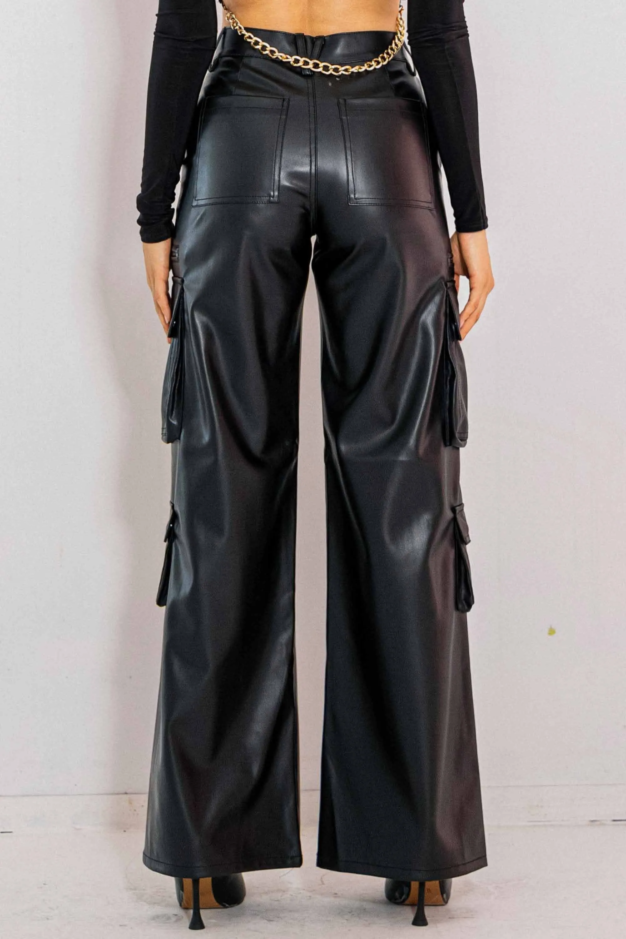 Vegan Leather Cargo Wide Leg Pants