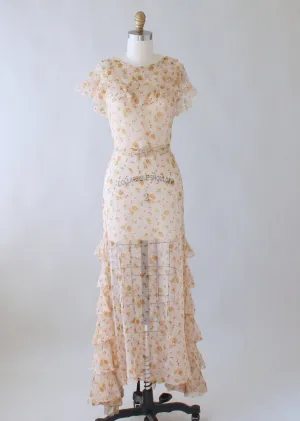 Vintage 1930s Floral Crepe Ruffled Lawn Party Dress