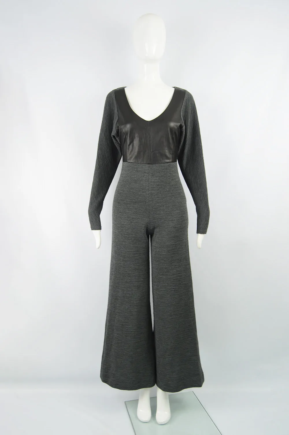 Vintage Leather & Ribbed Wool Knit Jumpsuit, 1990s