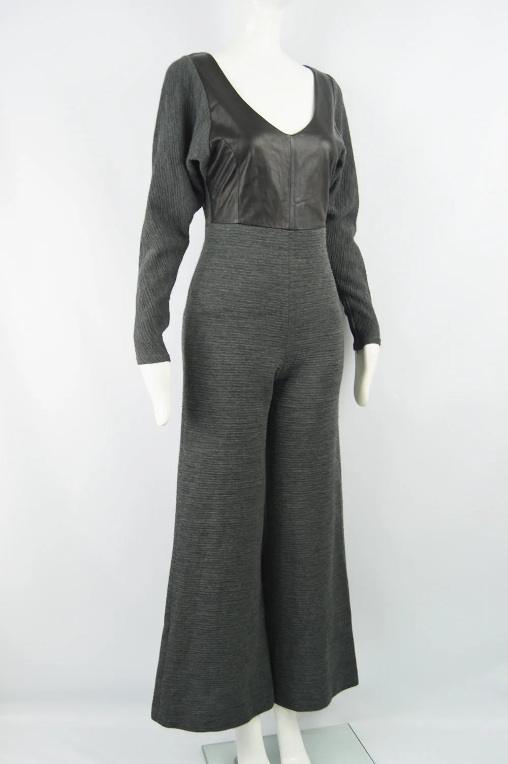 Vintage Leather & Ribbed Wool Knit Jumpsuit, 1990s