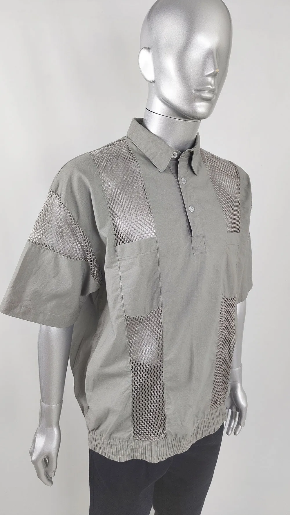 Vintage Mens Grey Sheer Mesh Panel Short Sleeve Shirt