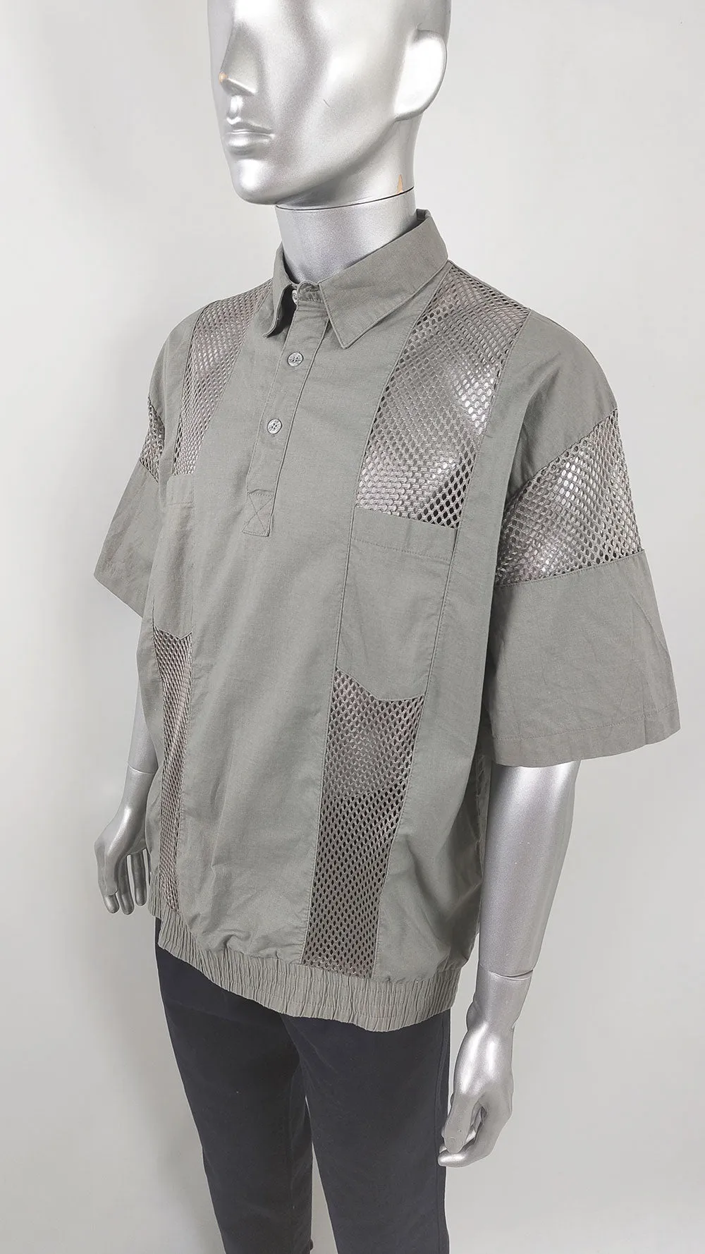 Vintage Mens Grey Sheer Mesh Panel Short Sleeve Shirt