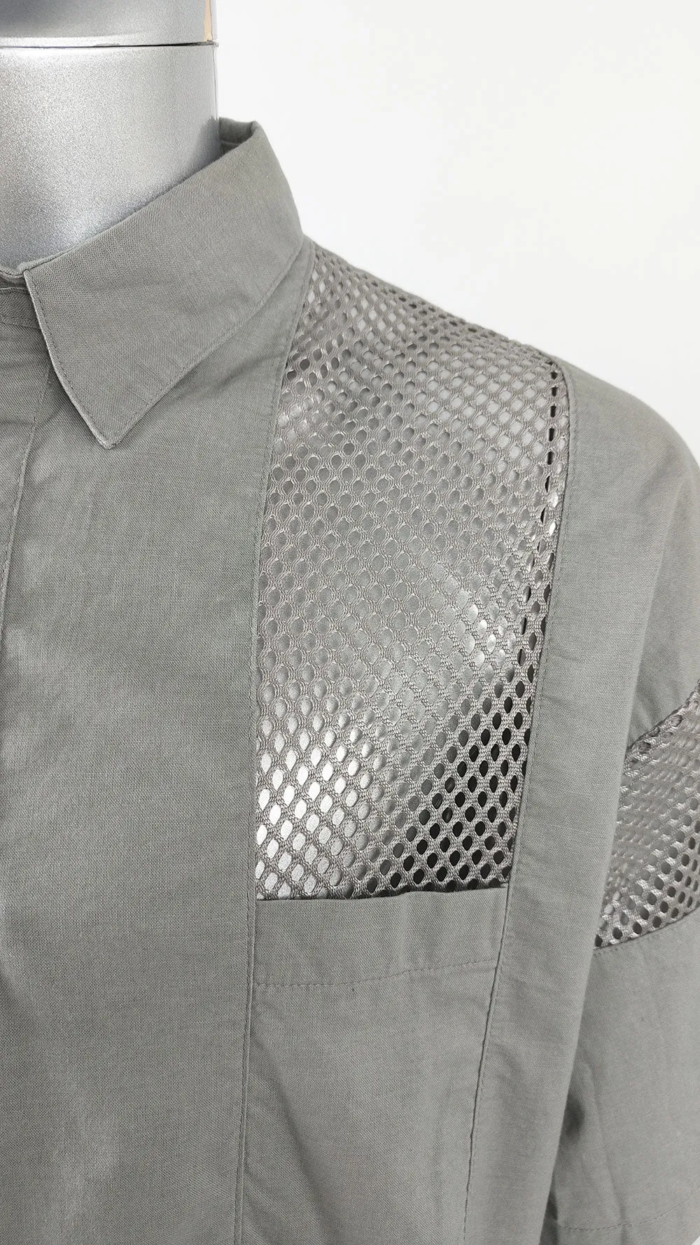 Vintage Mens Grey Sheer Mesh Panel Short Sleeve Shirt