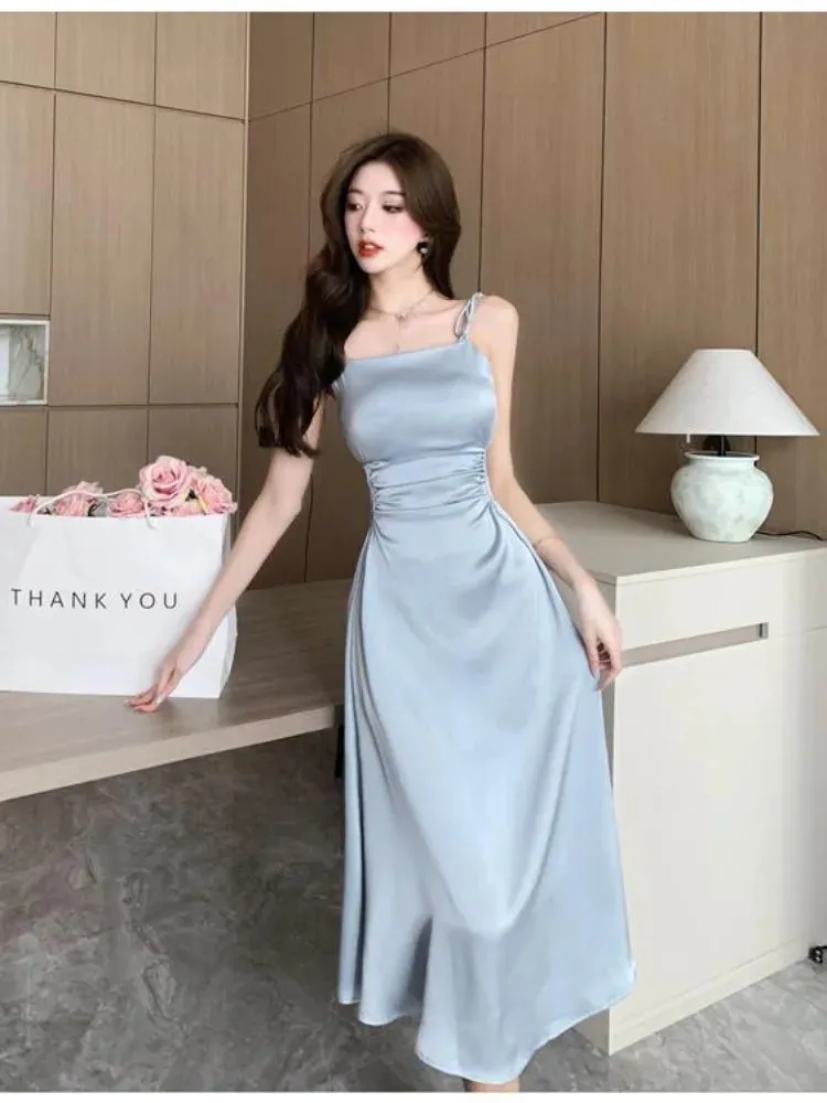 Vintage Satin Elegant Slip Dress Women Retro Hollow Out Sexy Holiday Vacation Beach Spaghetti Strap Dresses Fashion