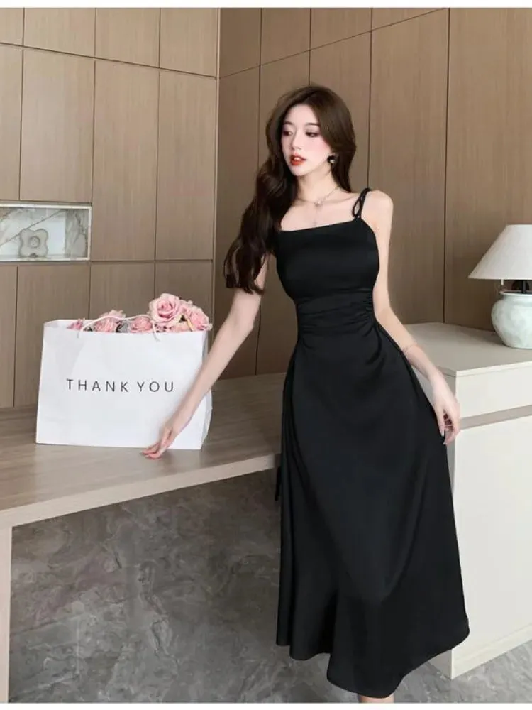 Vintage Satin Elegant Slip Dress Women Retro Hollow Out Sexy Holiday Vacation Beach Spaghetti Strap Dresses Fashion