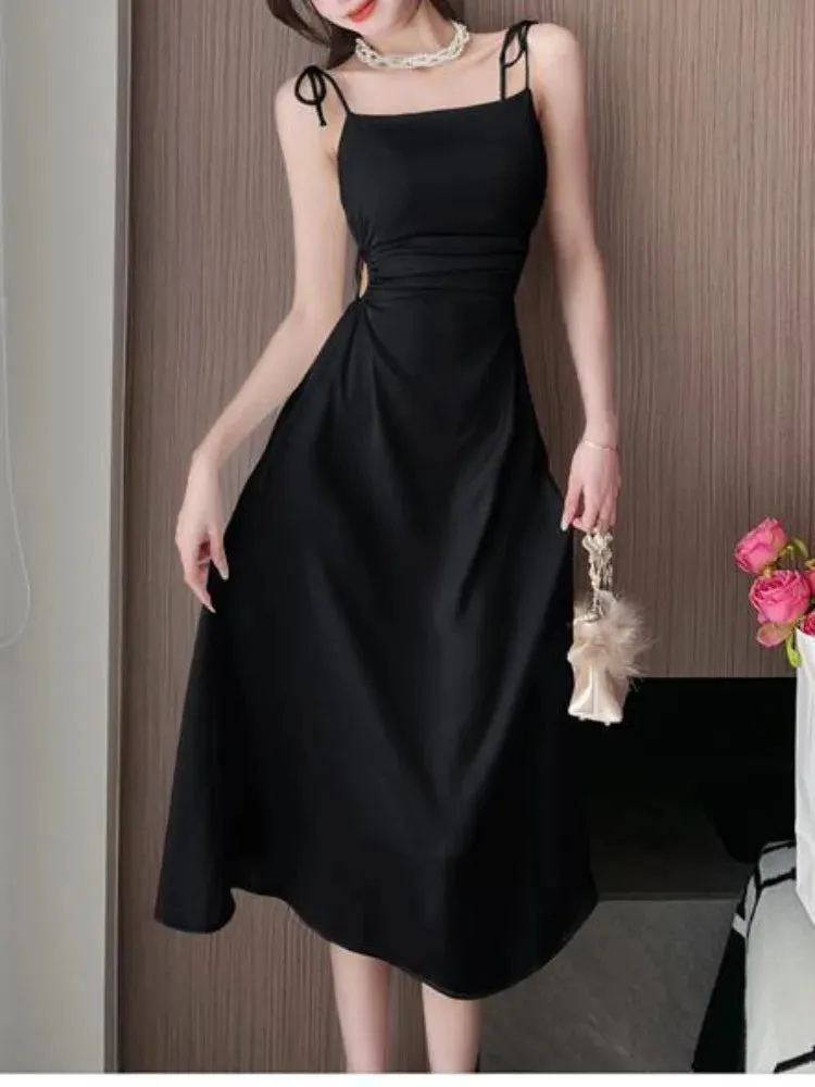 Vintage Satin Elegant Slip Dress Women Retro Hollow Out Sexy Holiday Vacation Beach Spaghetti Strap Dresses Fashion