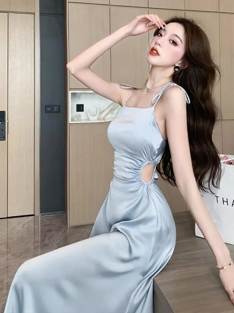 Vintage Satin Elegant Slip Dress Women Retro Hollow Out Sexy Holiday Vacation Beach Spaghetti Strap Dresses Fashion