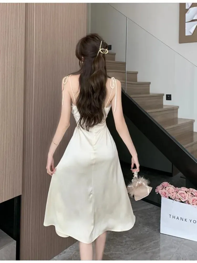 Vintage Satin Elegant Slip Dress Women Retro Hollow Out Sexy Holiday Vacation Beach Spaghetti Strap Dresses Fashion