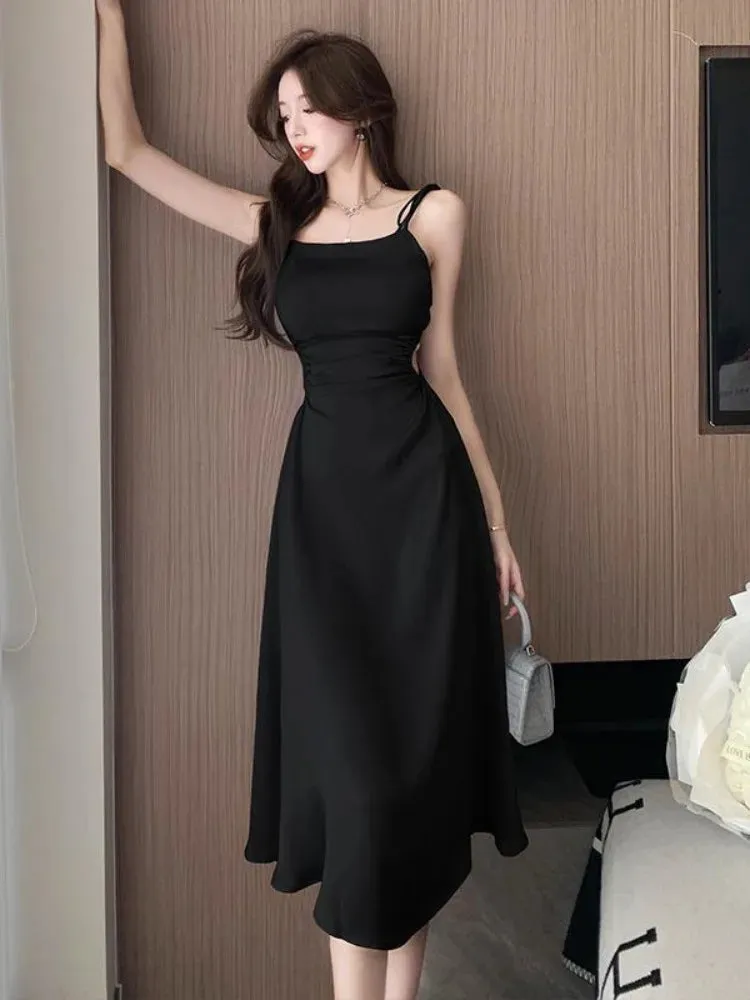 Vintage Satin Elegant Slip Dress Women Retro Hollow Out Sexy Holiday Vacation Beach Spaghetti Strap Dresses Fashion