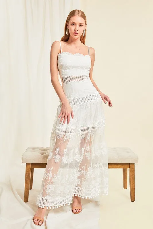 White Strap Sleeveless Lace Long Slip