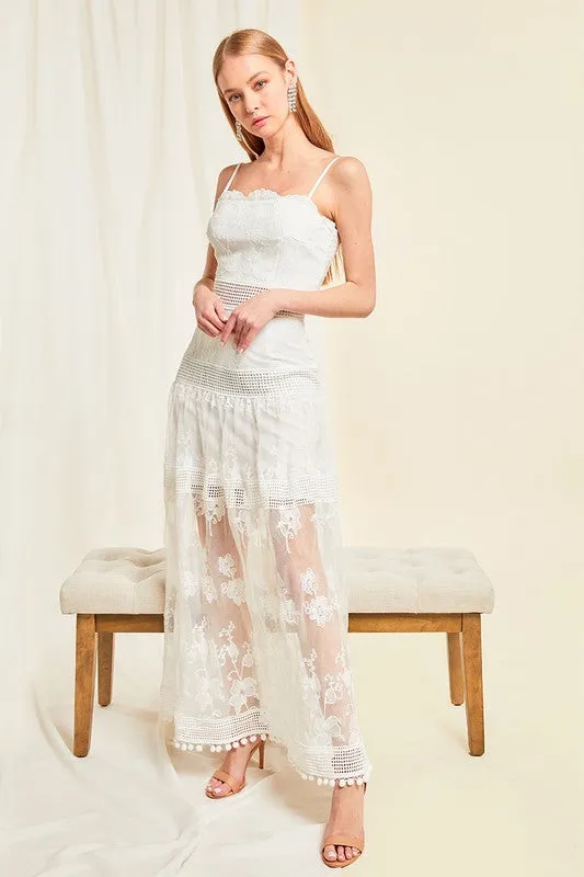 White Strap Sleeveless Lace Long Slip