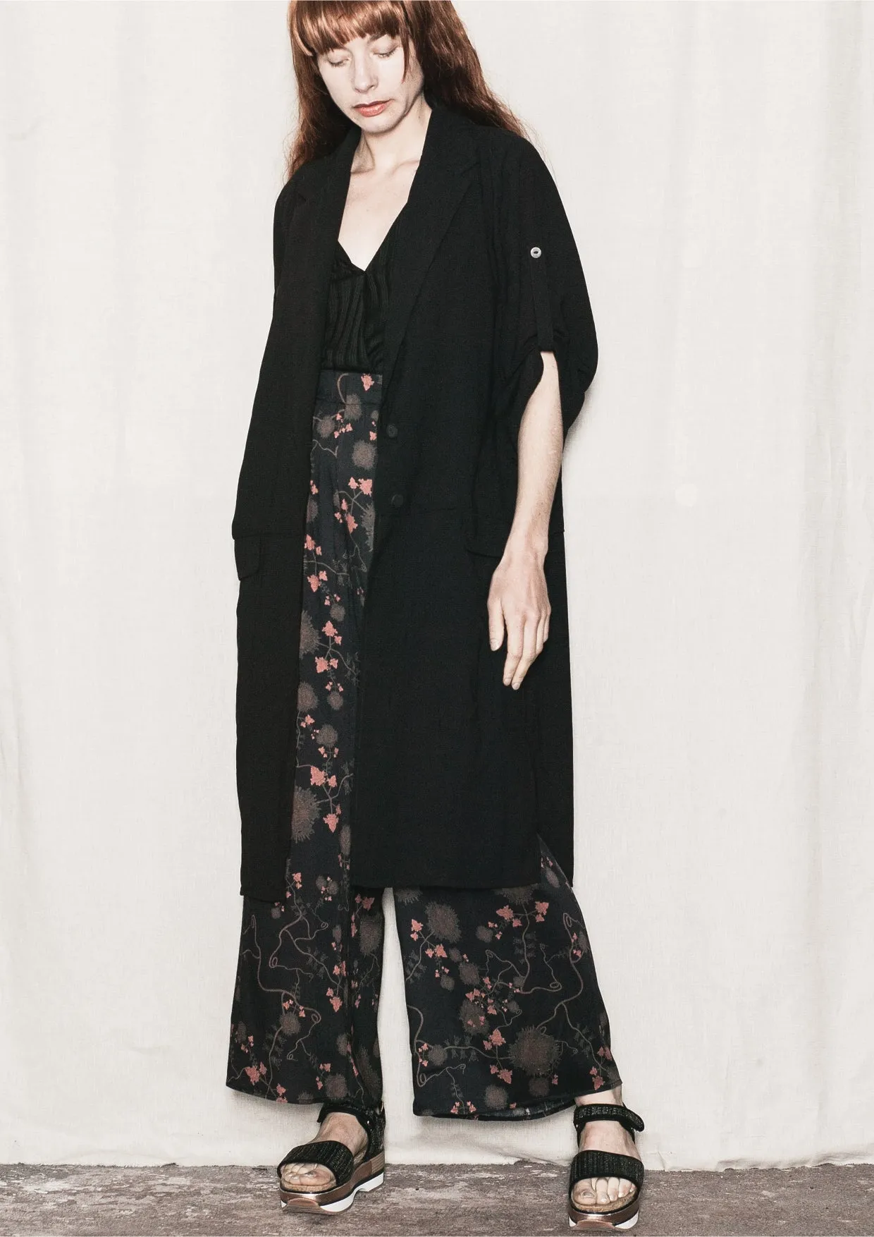 WIDE AIRY SUMMER PANTS - SILKY RAYON printed black/rust