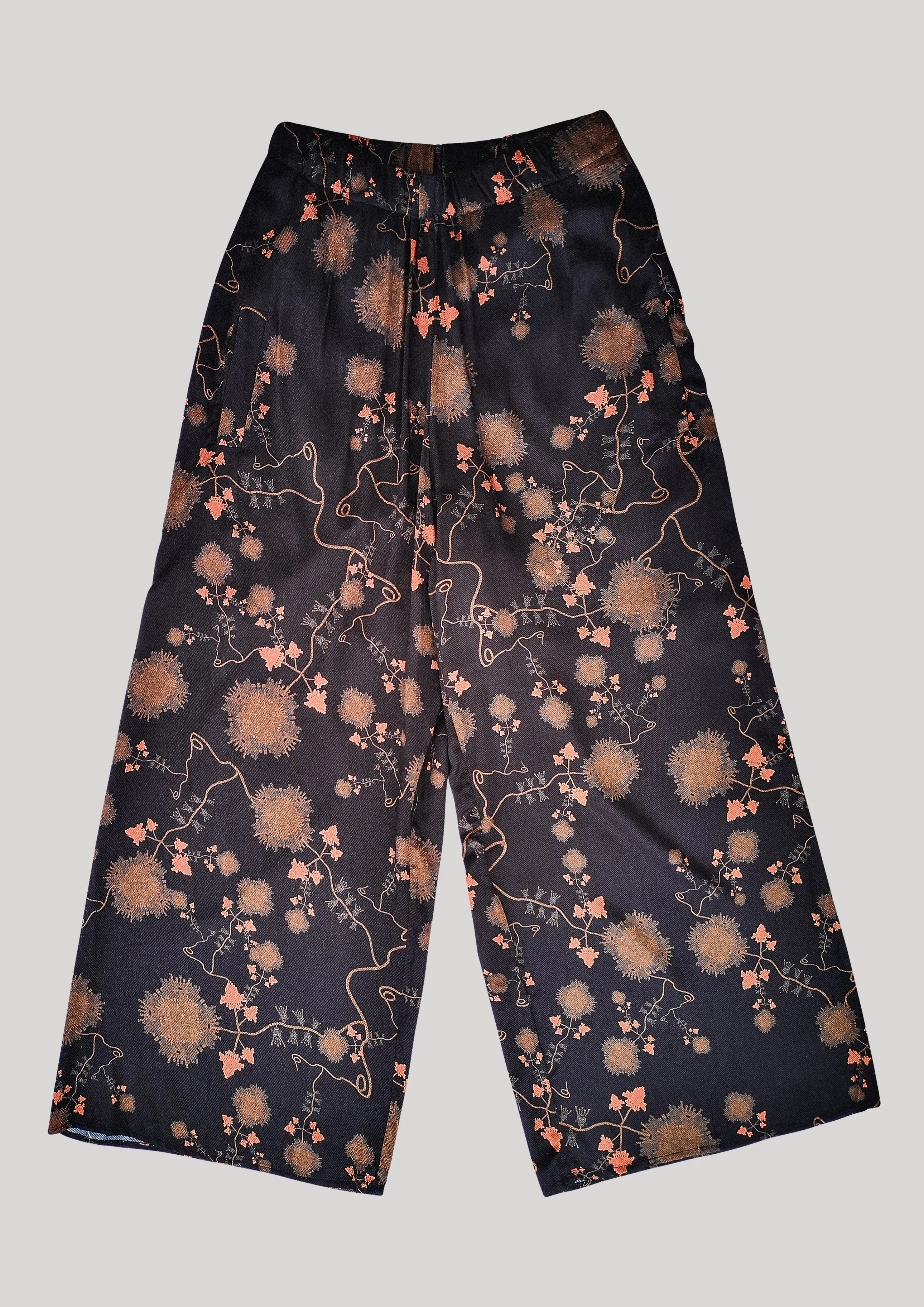 WIDE AIRY SUMMER PANTS - SILKY RAYON printed black/rust