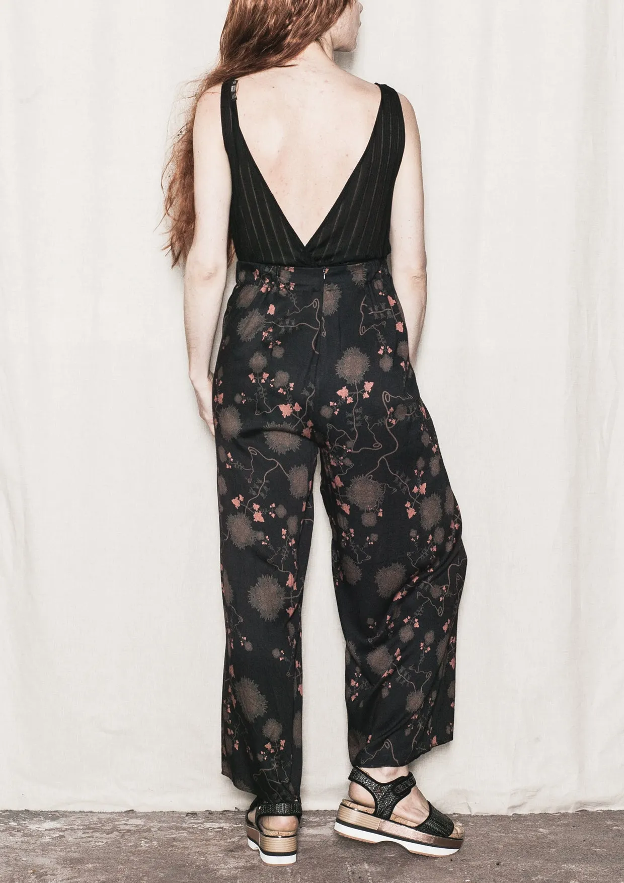 WIDE AIRY SUMMER PANTS - SILKY RAYON printed black/rust