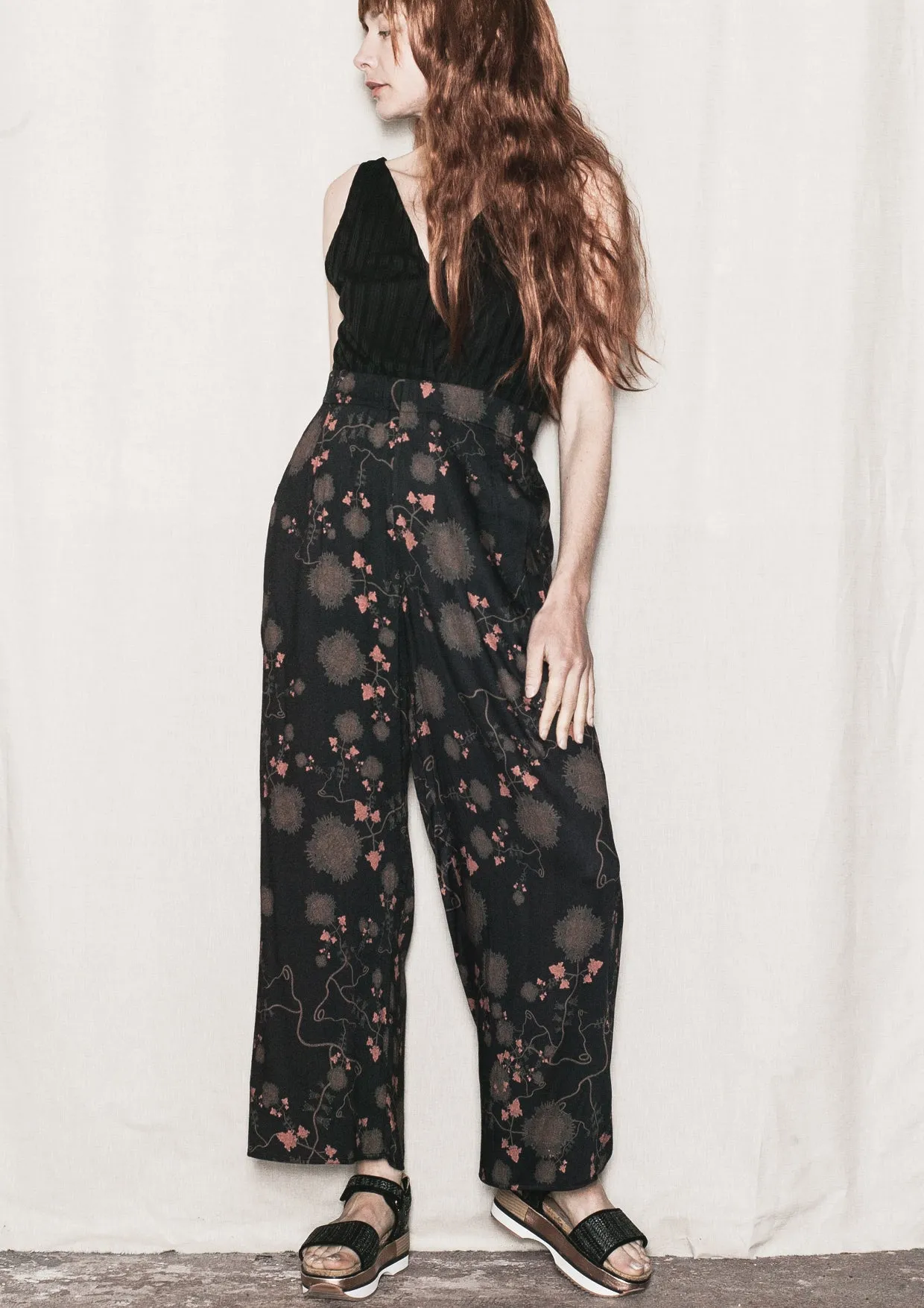 WIDE AIRY SUMMER PANTS - SILKY RAYON printed black/rust