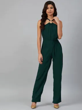 Women Green Solid Basic Halter Neck Basic Jumpsuit