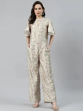 Women Lime Green & Off-White Printed Keyhole Neck Flared Sleeves Basic Jumpsuit